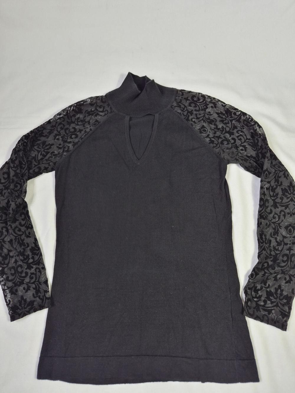 August Silk Women’s S Black Sweater Mock Neck with Burnout Velvet Sleeves